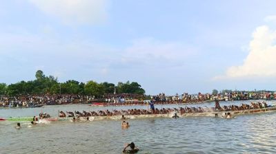 চলনবিলে ঐতিহ্যবাহী নৌকা বাইচ দেখতে দর্শনার্থীদের ঢল