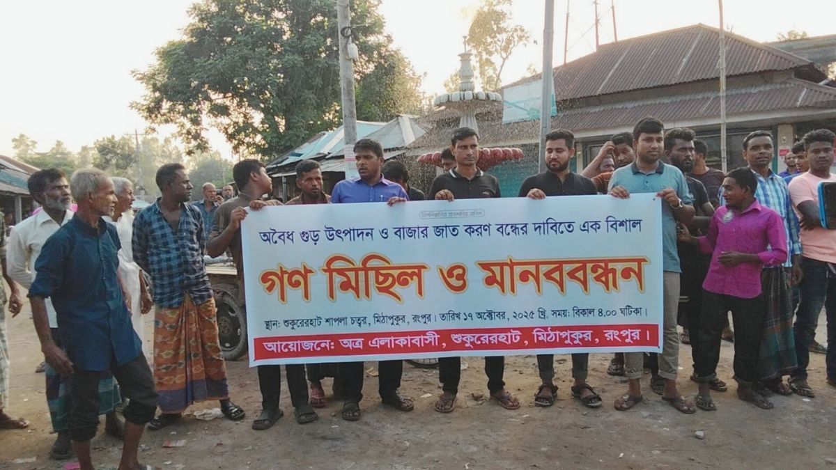 মিঠাপুকুরে ভেজাল গুড় উৎপাদন বন্ধের দাবিতে মানববন্ধন