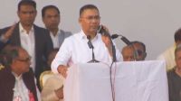 সংবর্ধনা মঞ্চে বক্তব্য রাখছেন তারেক রহমান