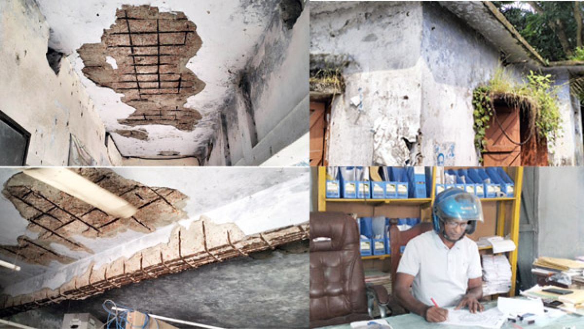 মোরেলগঞ্জে ইউপি ভবনে   হেলমেট পরে অফিস