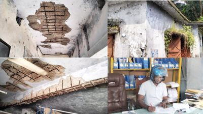 মোরেলগঞ্জে ইউপি ভবনে   হেলমেট পরে অফিস